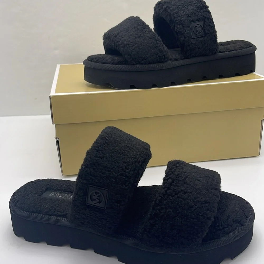 Michael Kors Black Faux Shearling Slides - Picture 14 of 16